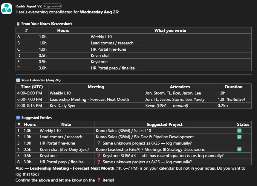 The agent's response consolidating notes and calendar meetings into suggested time entries with matched projects