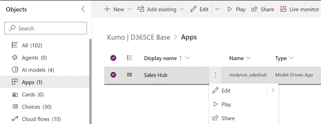 The Apps list in a Power Apps solution with the Sales Hub model-driven app selected and the Edit option highlighted
