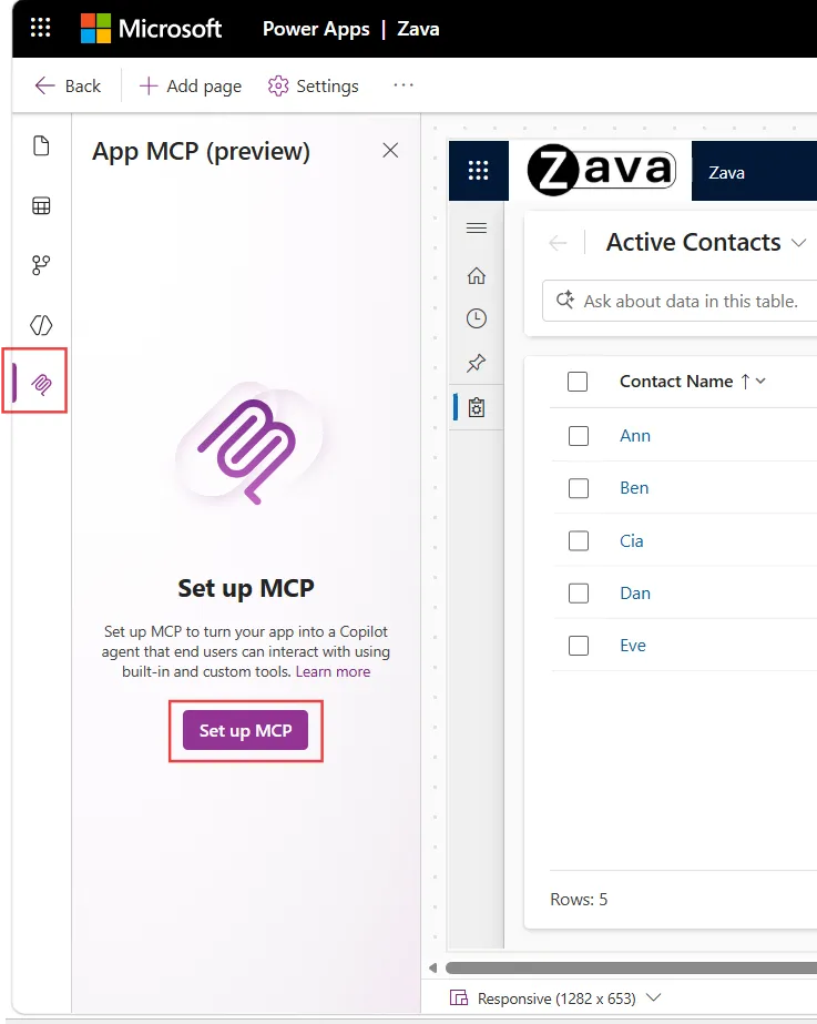The App MCP (preview) pane in the model-driven app designer with the Set up MCP button highlighted