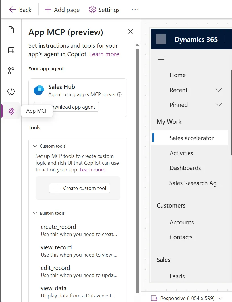 The App MCP pane for Sales Hub showing the Download app agent button and the built-in create_record, view_record, edit_record, and view_data tools