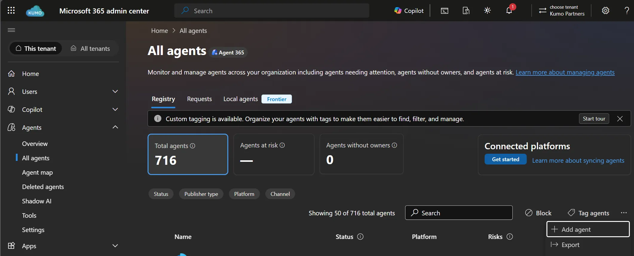 The All agents page in the Microsoft 365 admin center with the Add agent option shown under the overflow menu