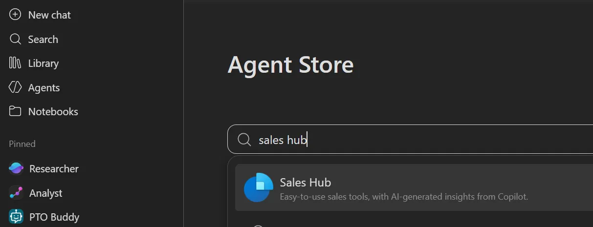 The Microsoft 365 Copilot Agent Store with a search for sales hub returning the Sales Hub agent