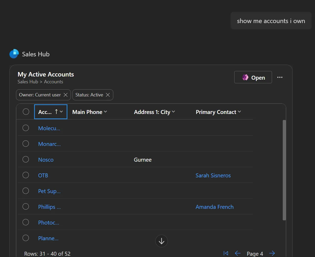 The Sales Hub agent in Copilot responding to "show me accounts I own" with an interactive My Active Accounts grid