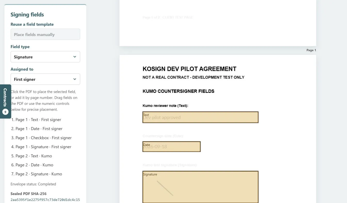 KoSign workspace showing fields for the Kumo countersigner