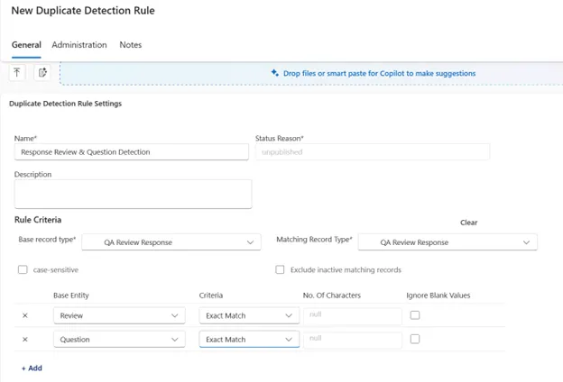“New Duplicate Detection Rule” screen for QA Review Response with matching criteria set to exact match for Review and Question fields.