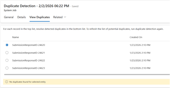 Duplicate Detection system job “View Duplicates” tab listing SubmissionResponseID records with a notice that no duplicates were found.
