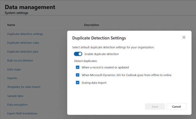 “Duplicate Detection Settings” dialog with the Enable duplicate detection toggle turned on and options for create/update, Outlook sync, and import checked.